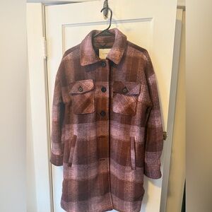 Lucky Brand Long Plaid Shirt Jacket in Brown and Pink